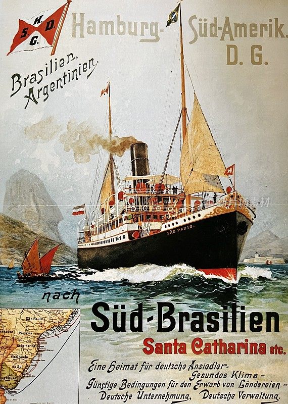 汉堡海报Süd-Amerika Linie，为旅行移民到巴西